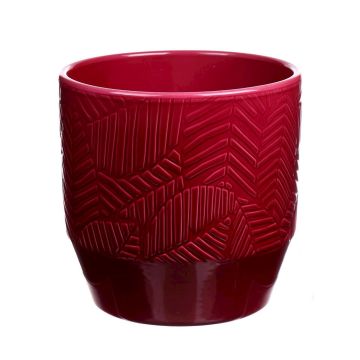 Vaso da piante in ceramica BIHAM, motivo a foglie, rosso rubino, 13,2cm, Ø13,5cm