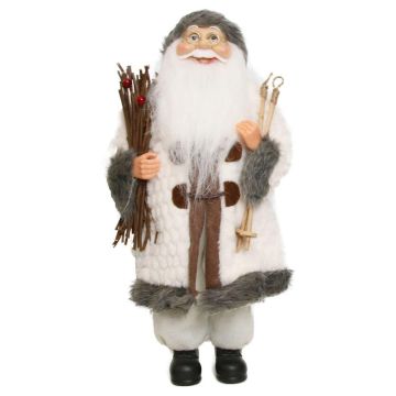 Statuetta di Babbo Natale JARICK, fascio di sterpaglie, bastoni da sci, bianco-grigio, 22x14x45cm