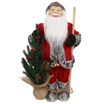 Statuetta di Babbo Natale HENNING, albero di Natale, bastone di legno, rosso-grigio, 24x14x45cm