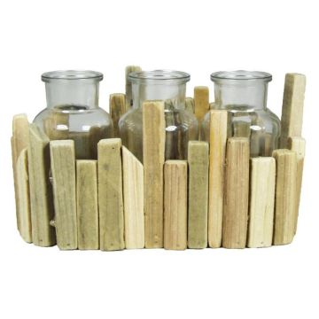 Bottiglie di vetro LORRIE con supporto in legno, 3 bicchieri, trasparente, 25x12x13cm