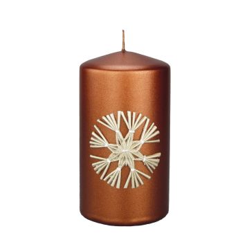 Candela a colonna DINORA con motivo a stella di paglia, cognac, 13cm, Ø7cm, 52h - Made in Germany