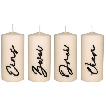 Candele dell'Avvento PAULINO con numeri, 4 pezzi, crema-lucido, 15cm, Ø7cm, 63h - Made in Germany