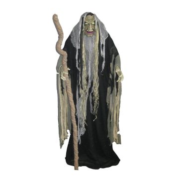 Strega di Halloween WALPURGA con bastone, funzione suono e movimento, LED, 153cm