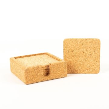 Sottobicchieri di sughero quadrato MINARA con supporto, 6 pezzi, naturale, 9x9cm, spessore 0,5cm