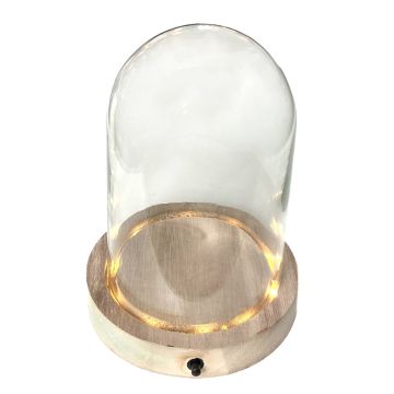 Campana di vetro BENIGNA con LEDs, base in legno, trasparente, 25cm, Ø17cm